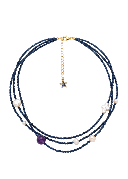 Collana Lucky Stone – Cristalli  Zaffiro, Perle d’Acqua Dolce e Argento 925