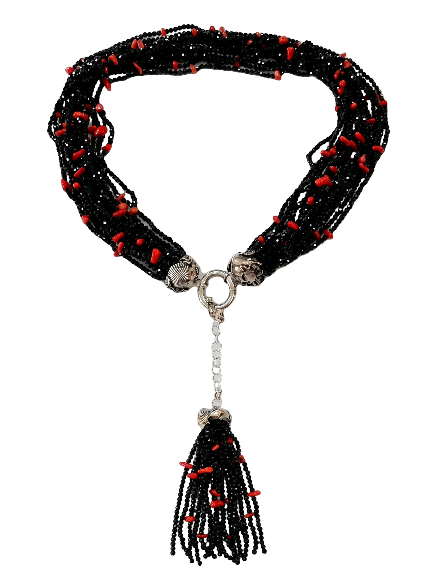 Collana Multifilo in Spinello Faccettato e Corallo Mediterraneo – Argento 925, Soggetti Marini