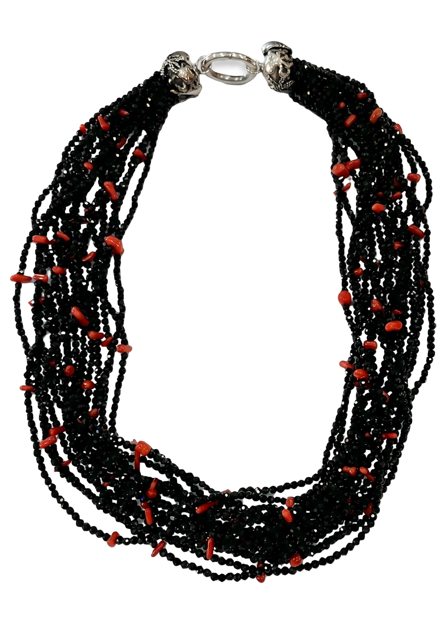 Collana Multifilo in Spinello Faccettato e Corallo Mediterraneo – Argento 925, Soggetti Marini