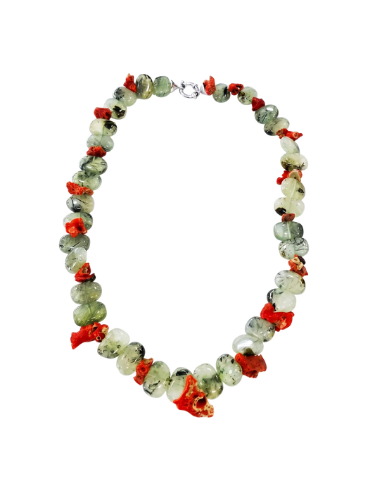 Collana in Corallo Mediterraneo Spezzato e Prinite – 60 cm –Argento 925 - Lavorazione Artigianale