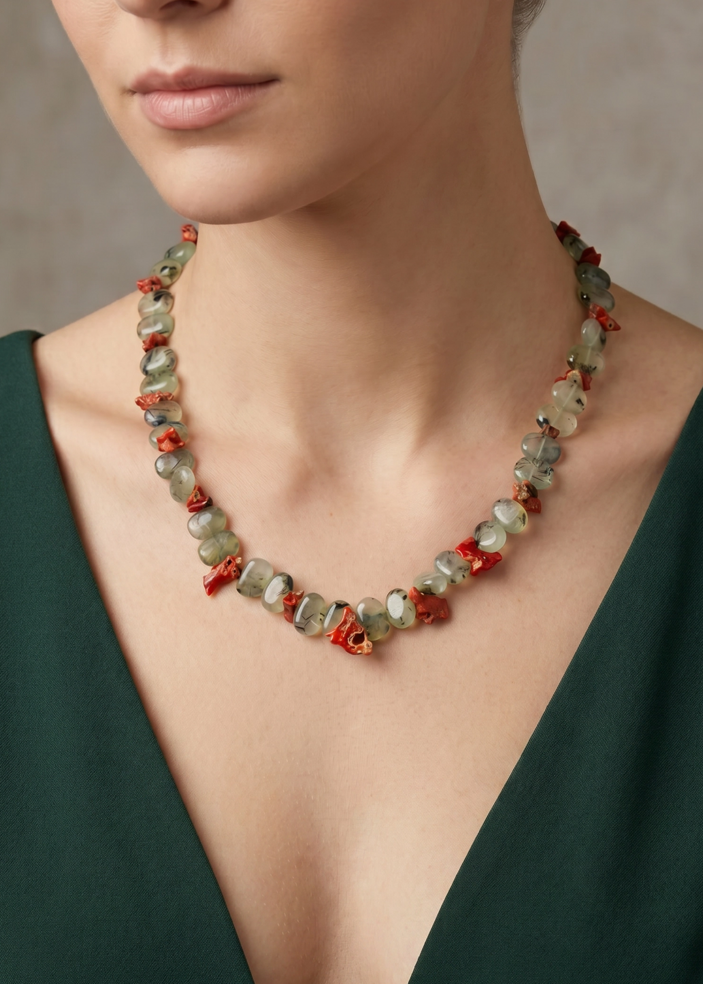 Collana in Corallo Mediterraneo Spezzato e Prinite – 60 cm –Argento 925 - Lavorazione Artigianale