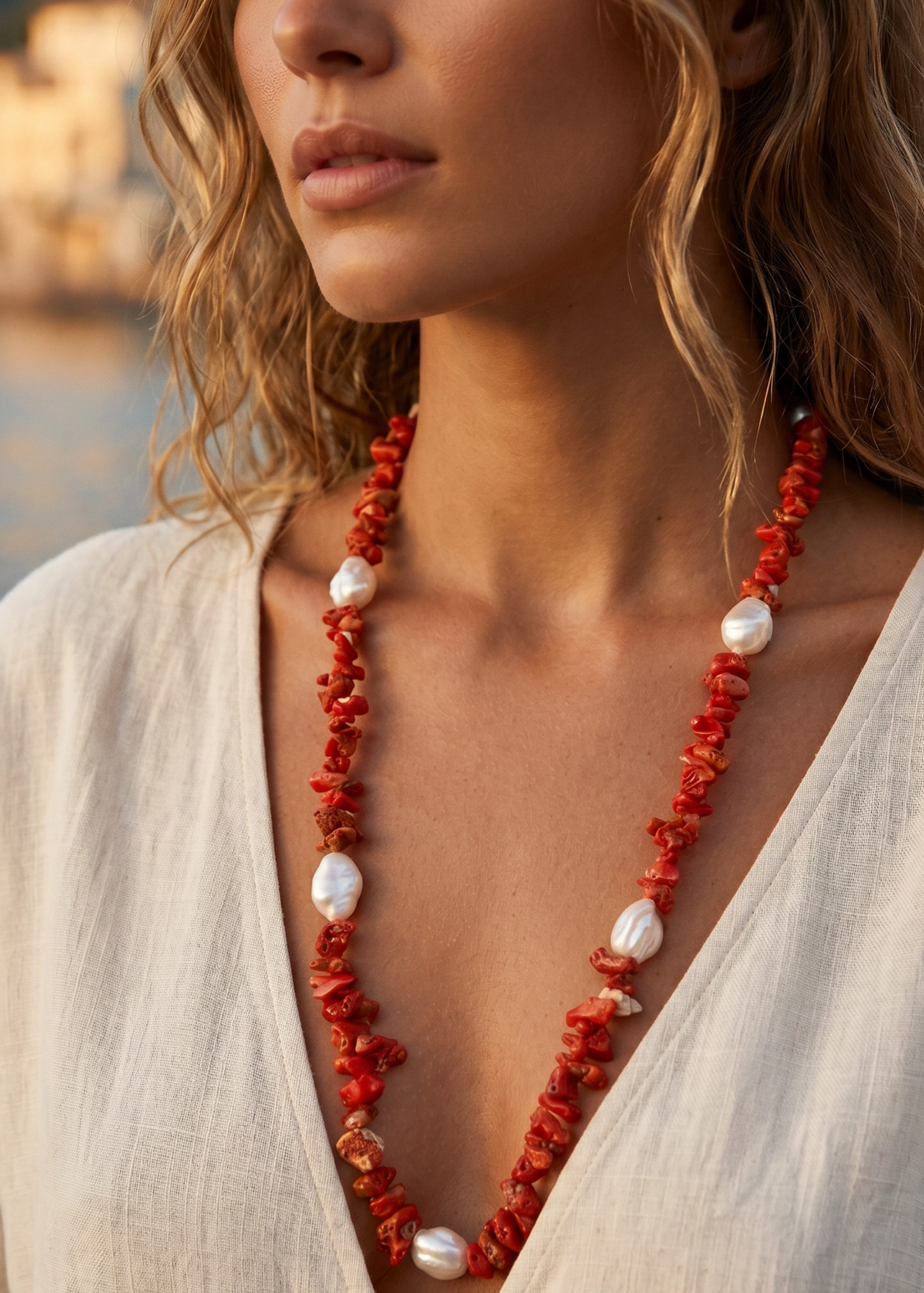 Collana in Corallo Mediterraneo Spezzato e Perle Barocche cm 70  – Lavorazione Artigianale