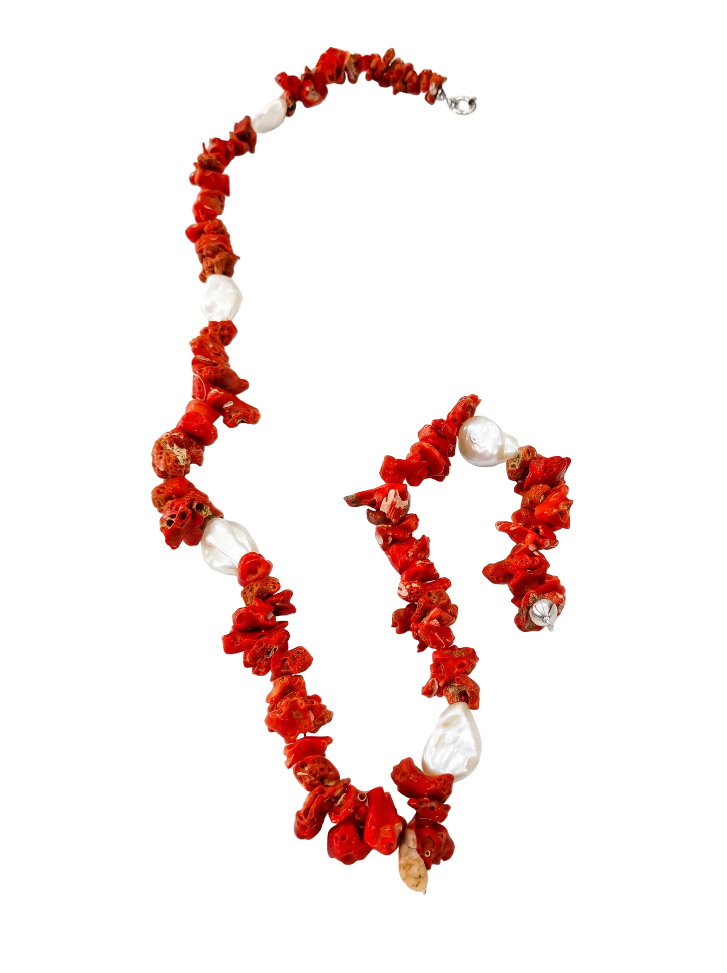Collana in Corallo Mediterraneo Spezzato e Perle Barocche cm 70  – Lavorazione Artigianale