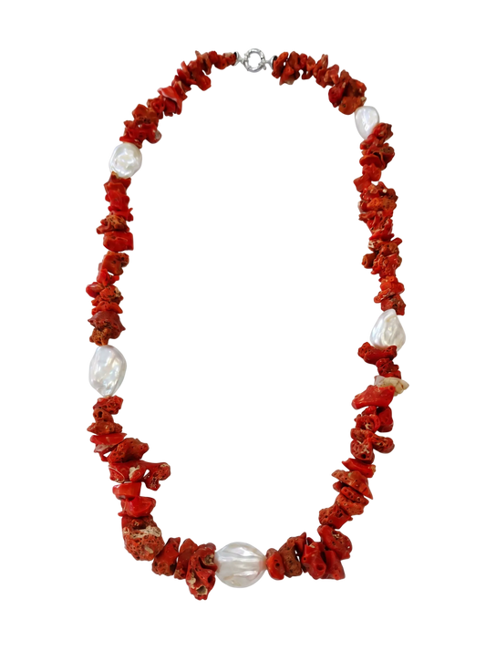 Collana in Corallo Mediterraneo Spezzato e Perle Barocche cm 70  – Lavorazione Artigianale