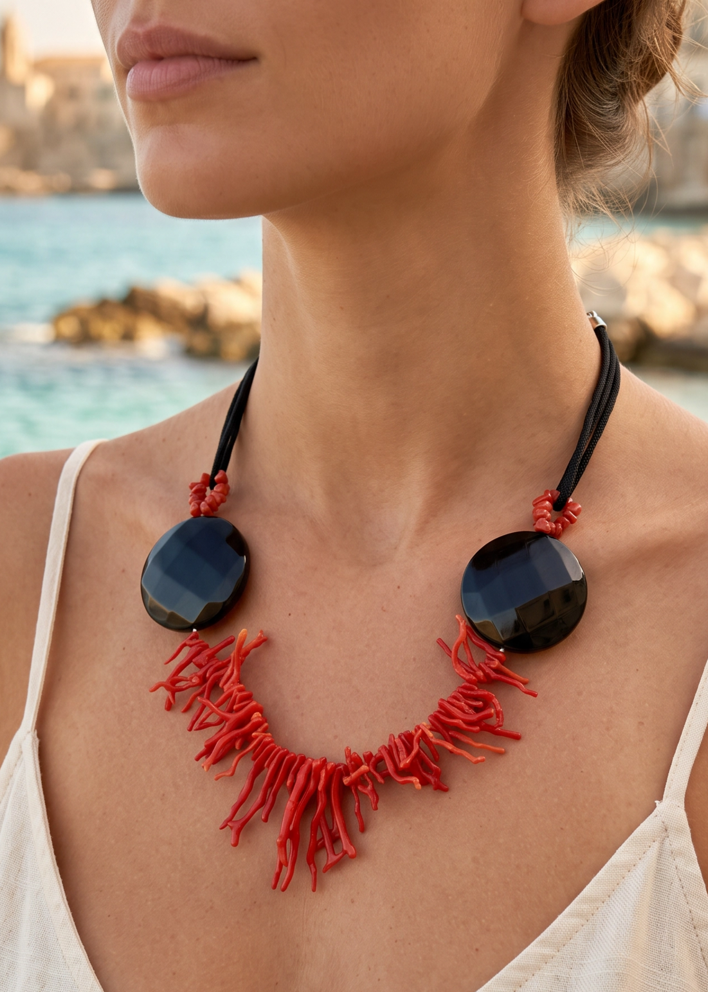 Collana in Corallo Mediterraneo Frange con Dischi di Onice e Cordino in Seta – Argento 925 (50 cm)