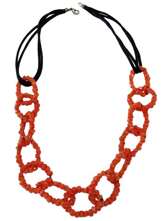 Collana in Corallo Mediterraneo Cupolini e Cordino in Seta – Argento 925 (50 cm)