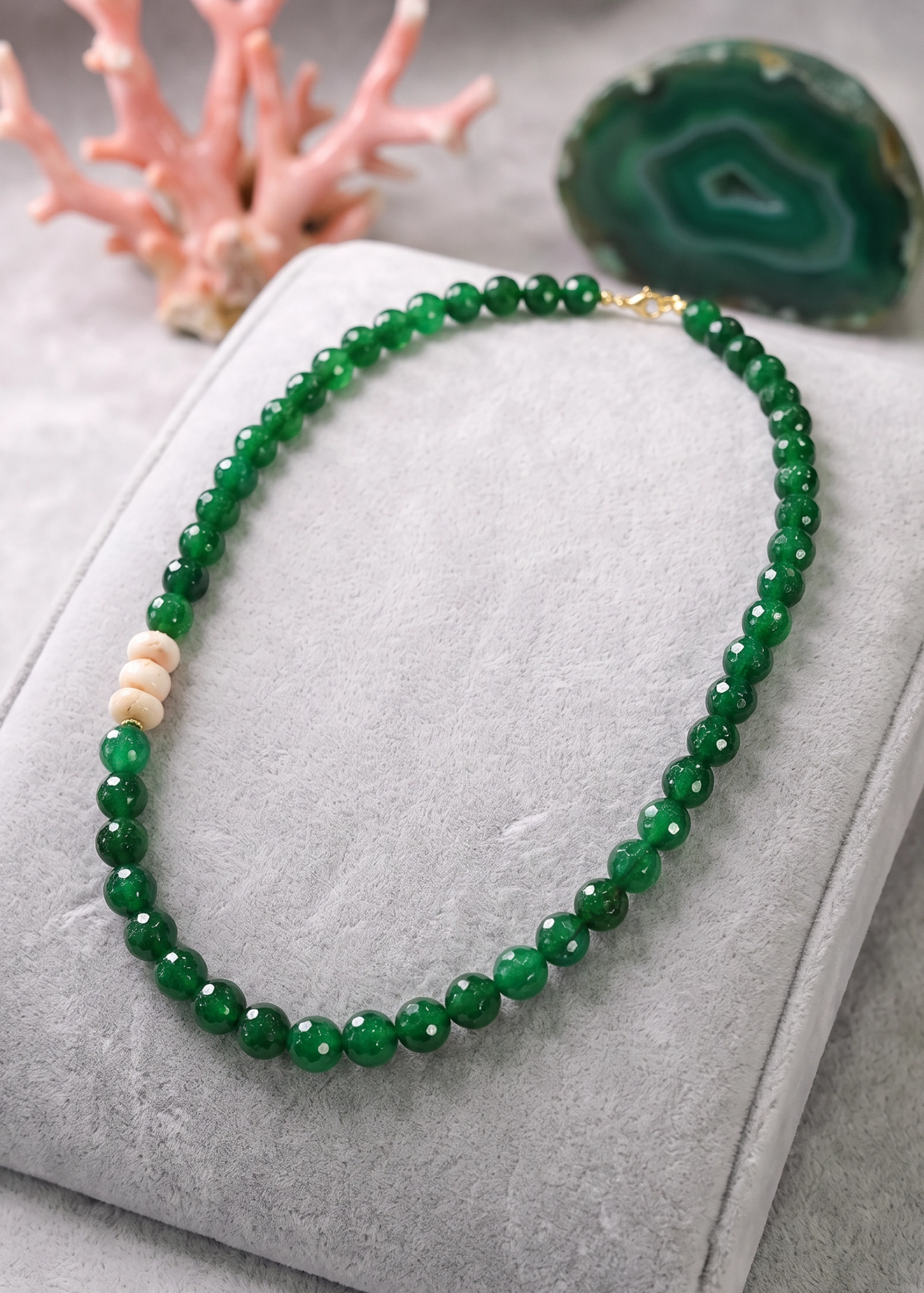 Collana in Agata verde Faccettata con Rondelle di Corallo Rosa Giappone – Argento 925 Dorato (50 cm) (Copia)