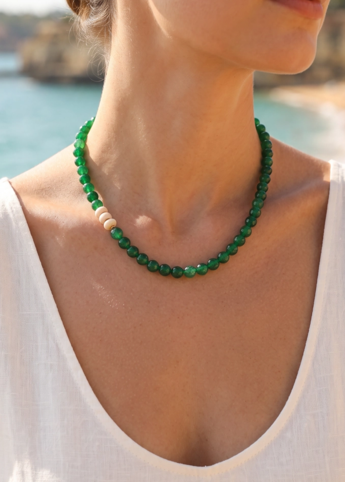 Collana in Agata verde Faccettata con Rondelle di Corallo Rosa Giappone – Argento 925 Dorato (50 cm) (Copia)