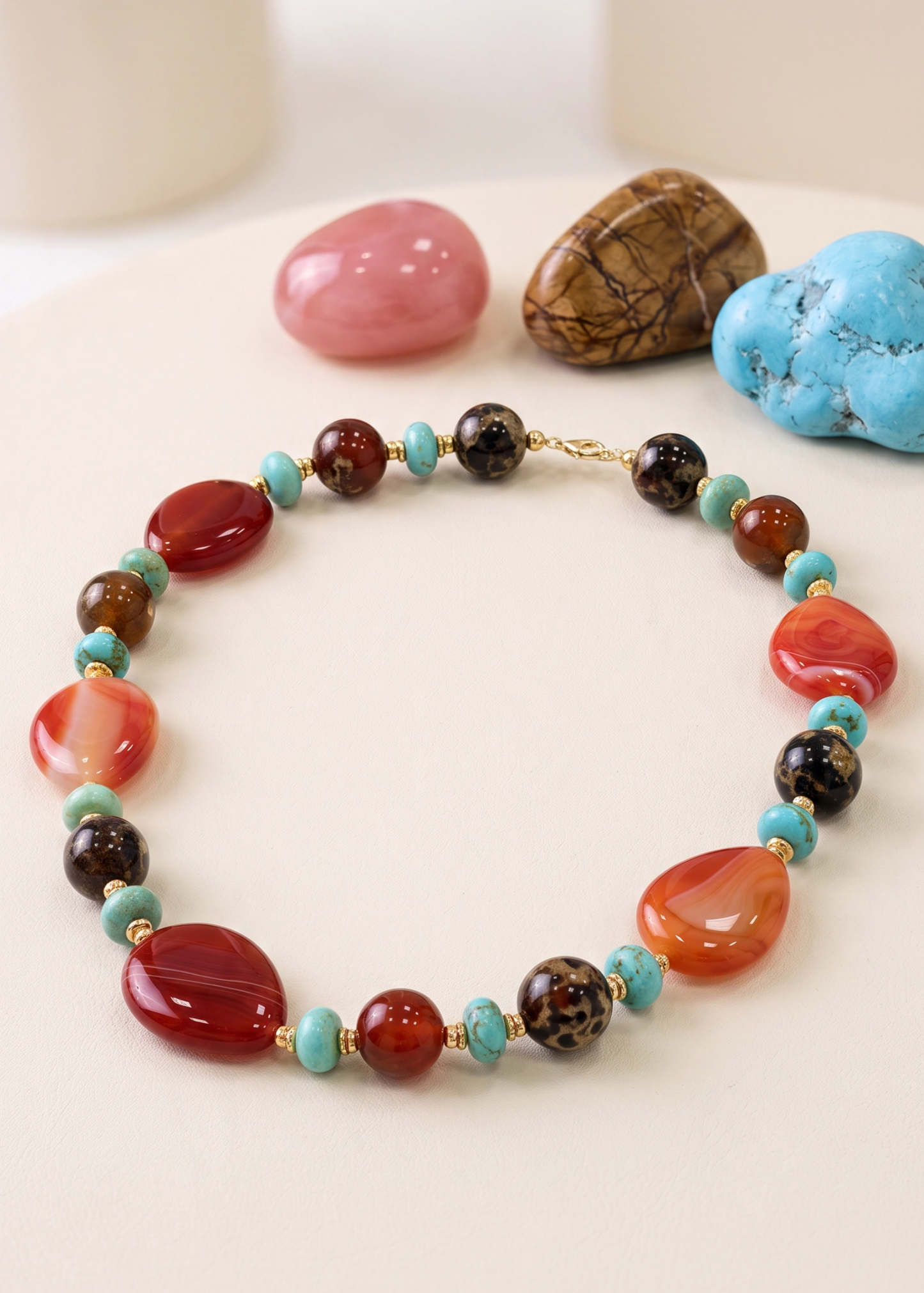Collana in Pietre Dure di Forme Varie – Corneola, Diaspro e Magnesite – Argento 925 (45 cm) (Copia)