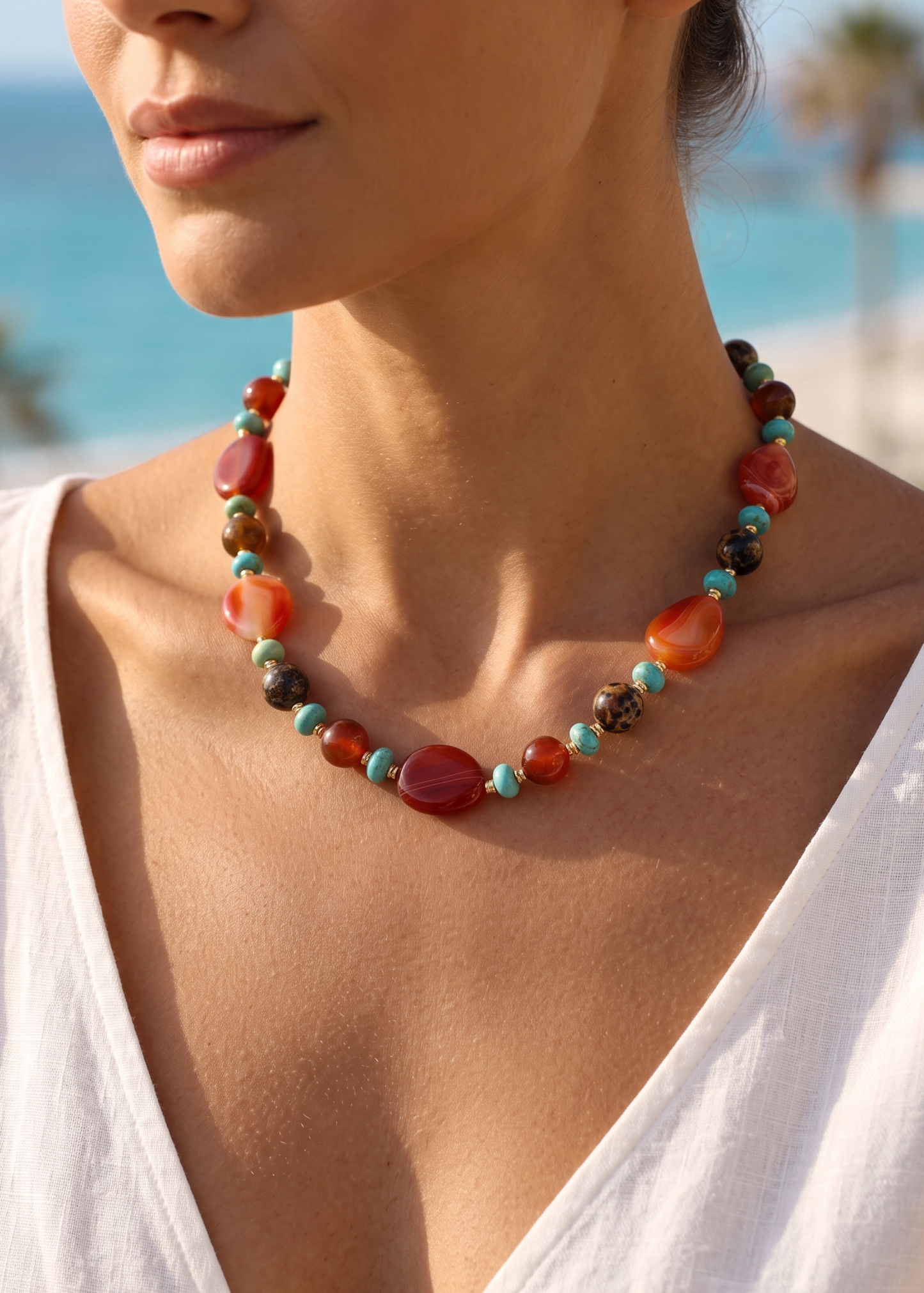 Collana in Pietre Dure di Forme Varie – Corneola, Diaspro e Magnesite – Argento 925 (45 cm) (Copia)