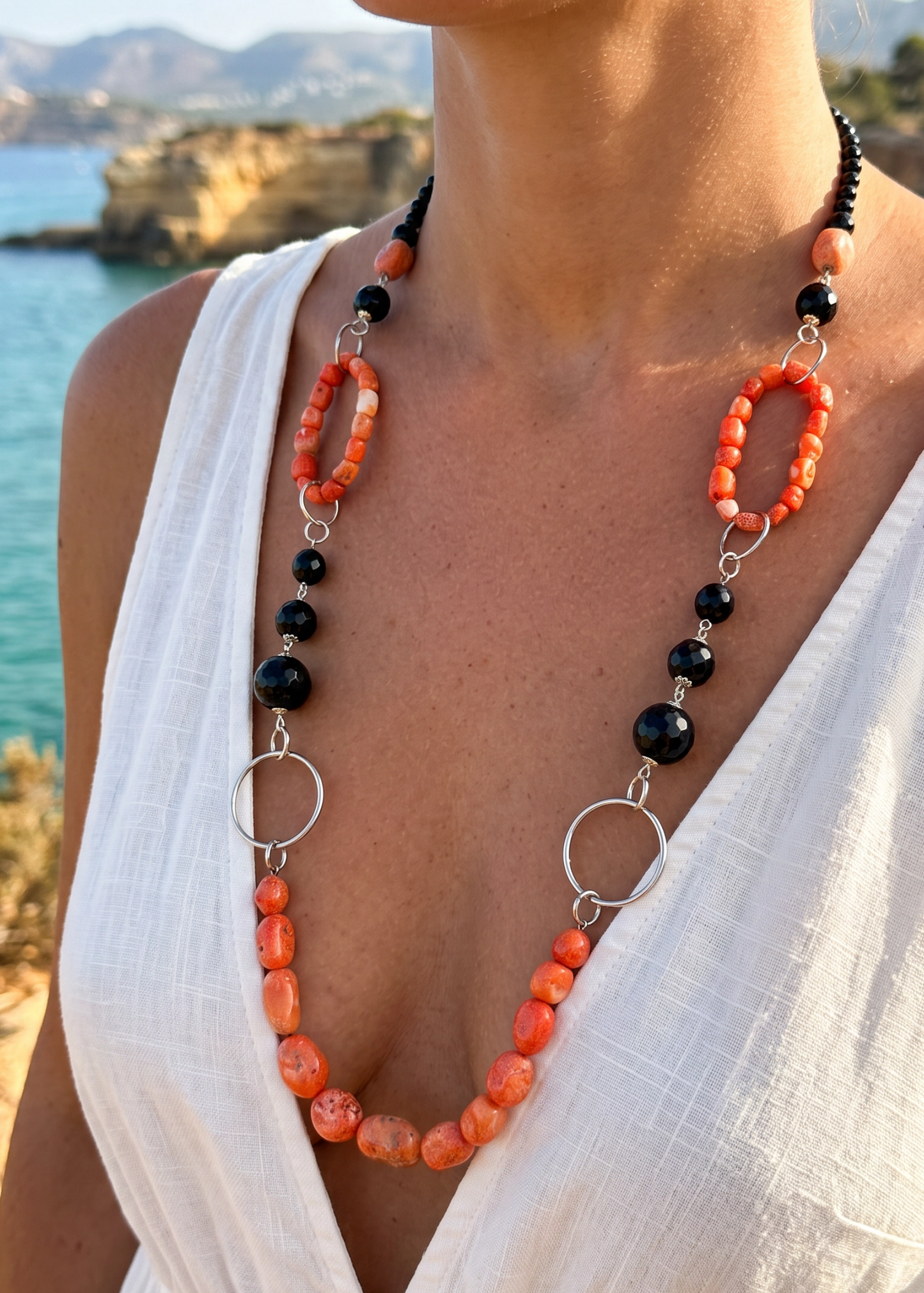 Collana in Corallo Giappone a Sassi con Argento 925 e Agata – Lunghezza 80 cm