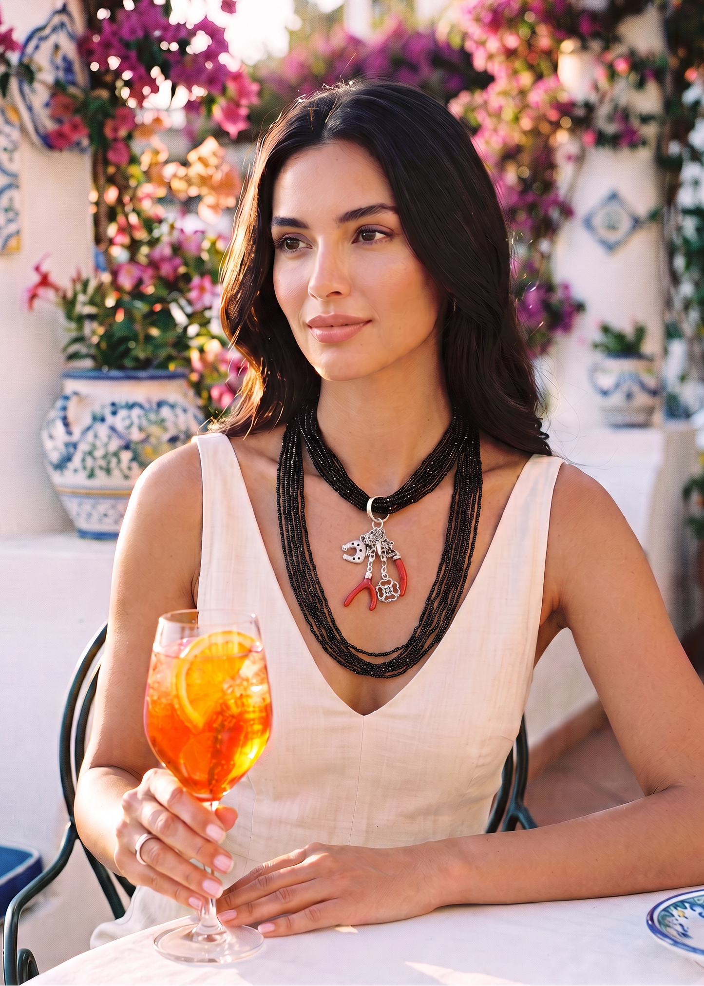 Collana Doppia in Spinello Nero Faccettato e Corallo Mediterraneo – Argento 925, Ciondolo Scaramantico (45 cm + 70 cm + ciuffo 10 cm)