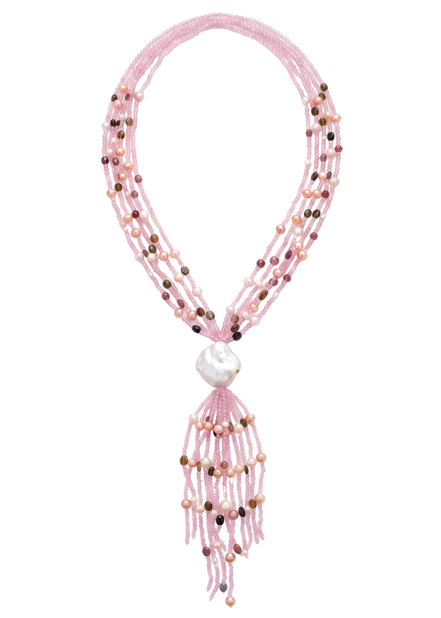 Collana Cristalli Rubino e Perle Barocche con  Ciuffo Centrale (Totale 100 cm)