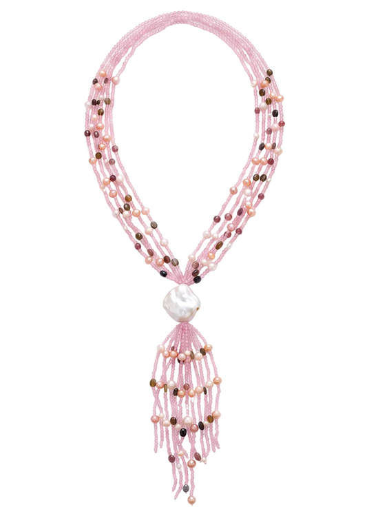 Collana Cristalli Rubino e Perle Barocche con  Ciuffo Centrale (Totale 100 cm)