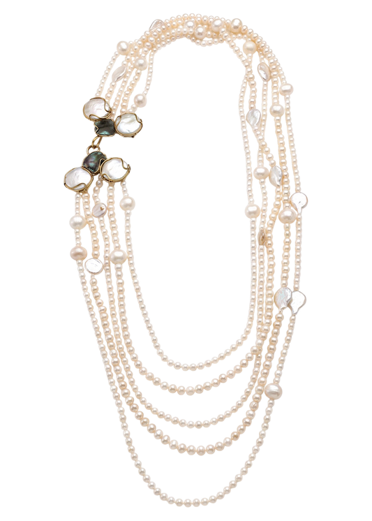 Collana Multifilo in Perle Naturali di Acquadolce e Perle Barocche – Argento 925 con Avventurina (80 cm)