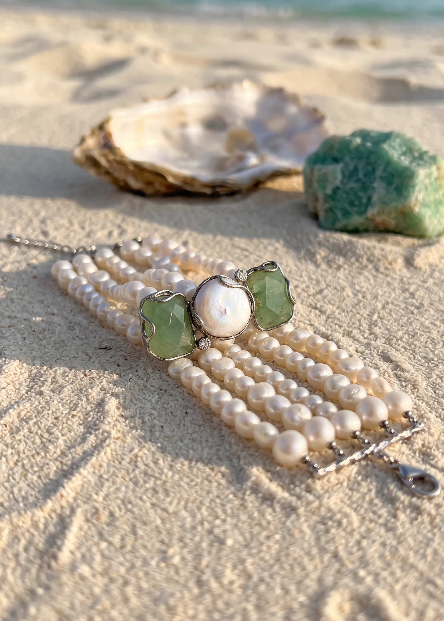 Bracciale Multifilo in Perle Naturali di Acquadolce e Perle Barocche – Argento 925 con Avventurina