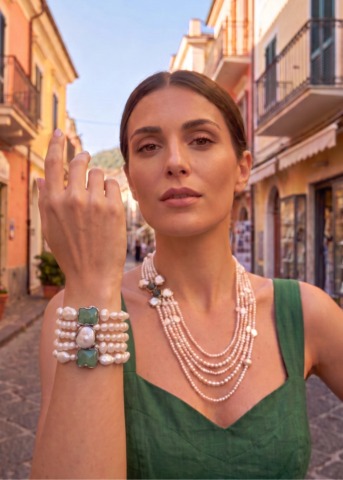 Bracciale Multifilo in Perle Naturali di Acquadolce e Perle Barocche – Argento 925 con Avventurina