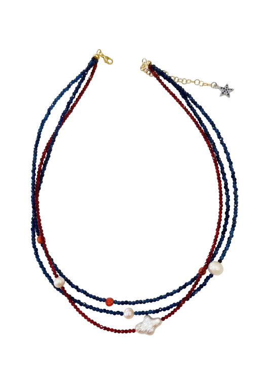 Collana Lucky Stone – Cristalli  Zaffiro e Rubino, Perle d’Acqua Dolce e Argento 925