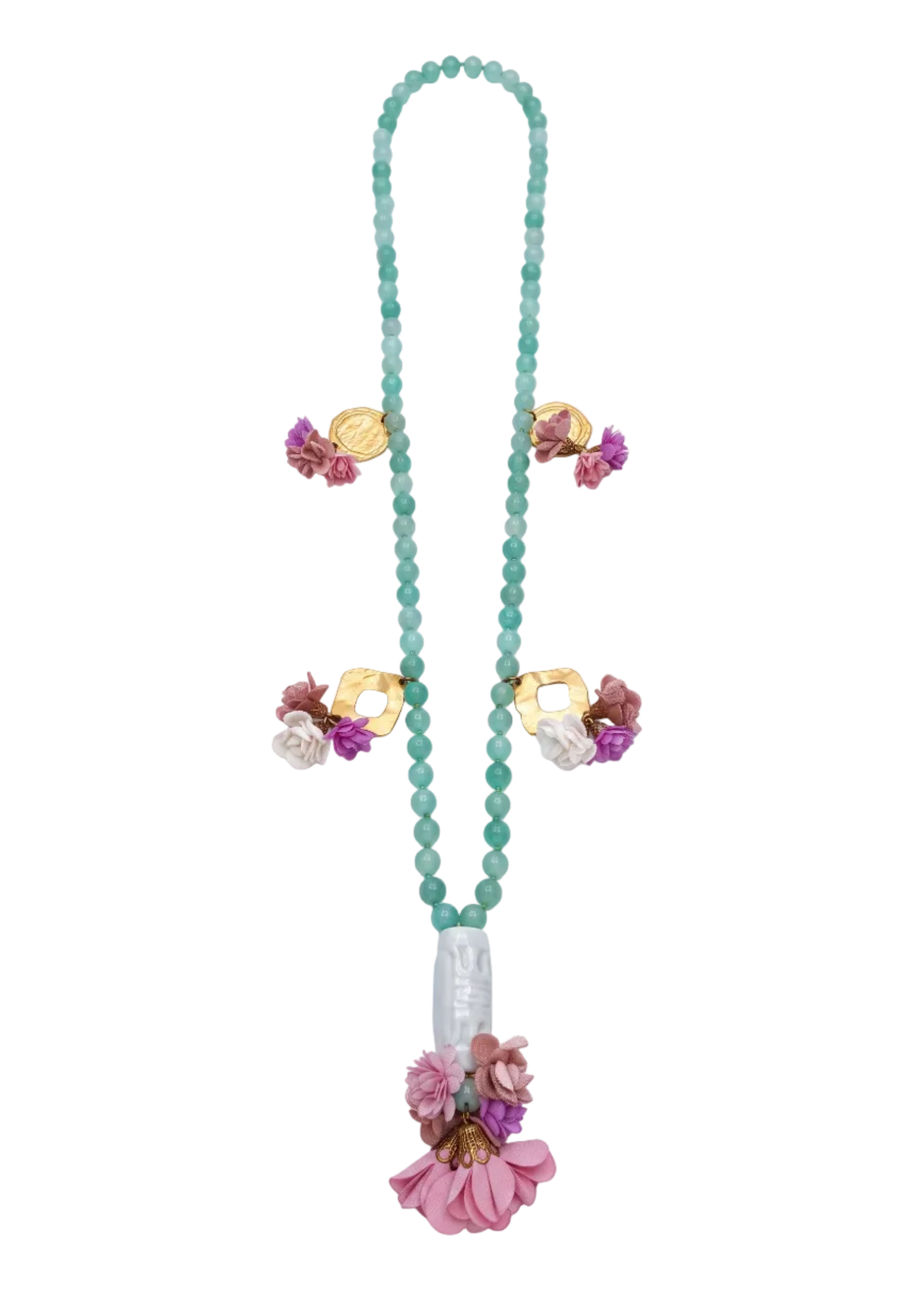 Collana in Avventurina Verde e ciondoli in stoffa – 100 cm