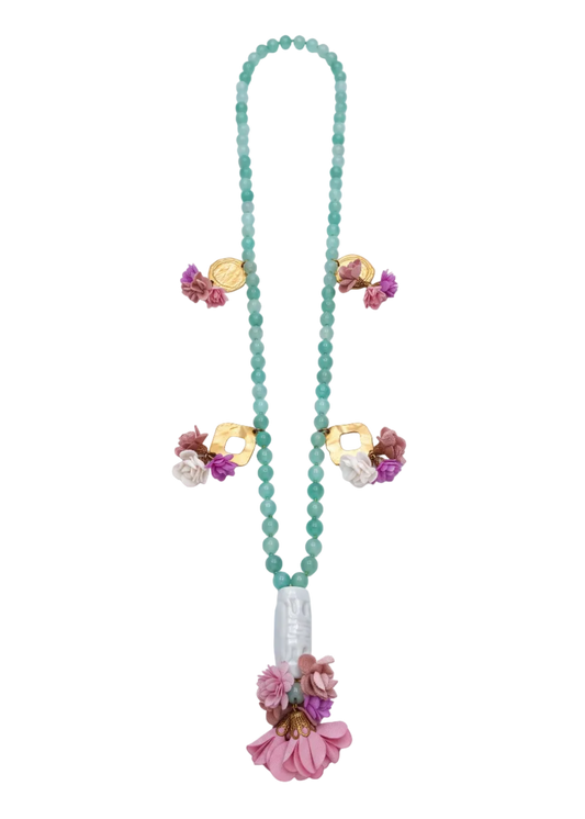 Collana in Avventurina Verde e ciondoli in stoffa – 100 cm