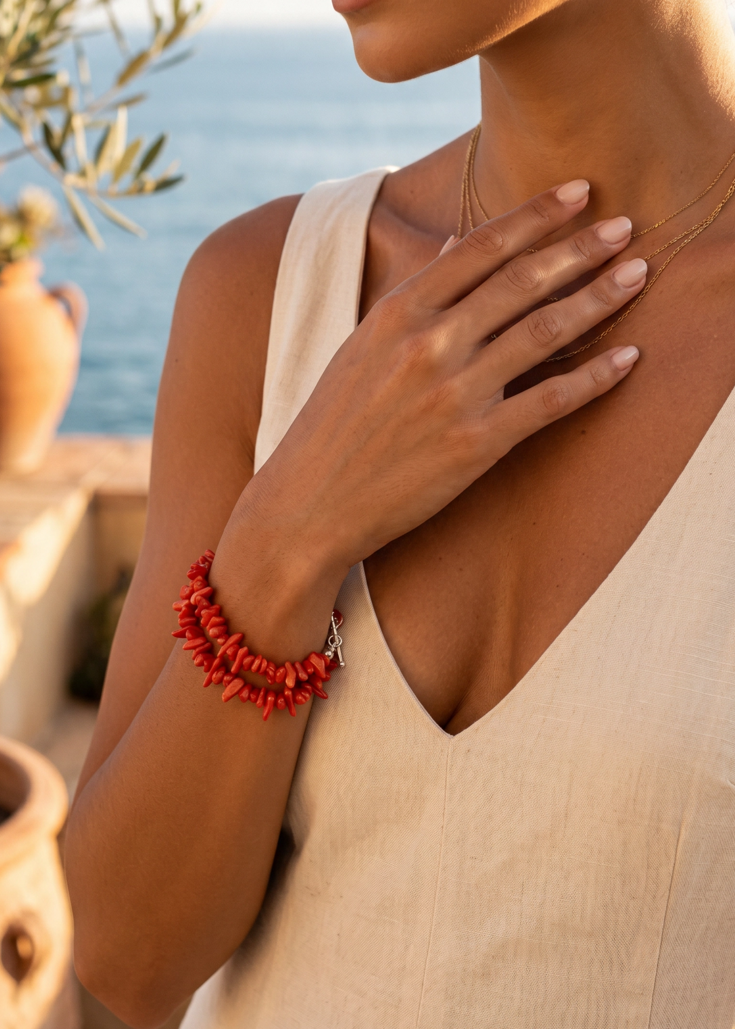 Bracciale in Corallo Mediterraneo Spezzato a 2 Fili – Argento 925