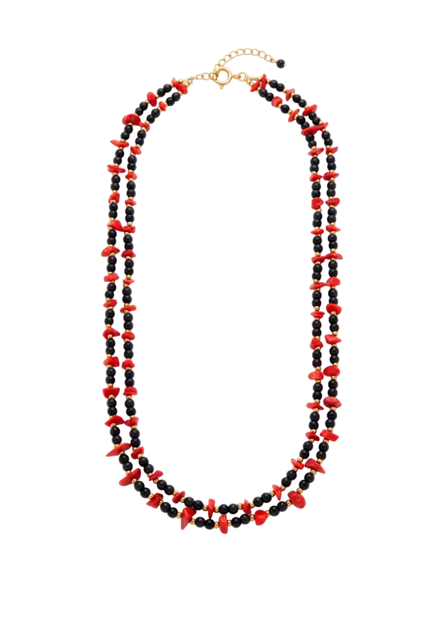 Collana a 2 Fili in Corallo Mediterraneo Spezzato e Onice – Argento 925 Dorato (60 cm)
