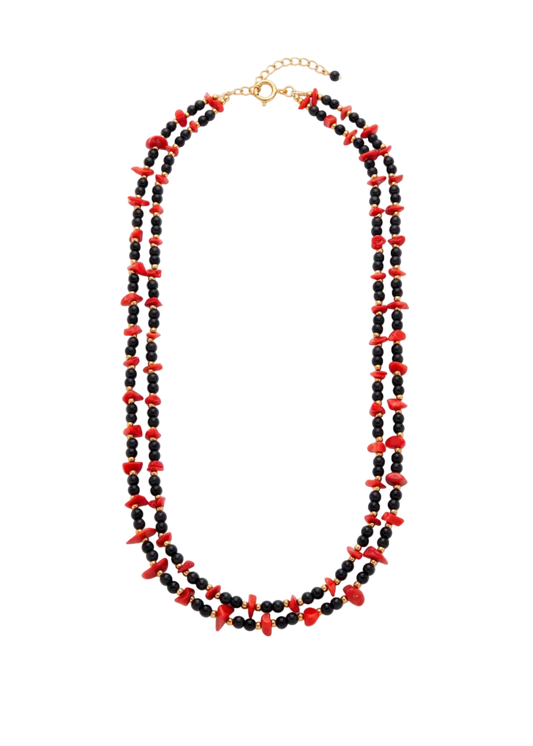 Collana a 2 Fili in Corallo Mediterraneo Spezzato e Onice – Argento 925 Dorato (60 cm)