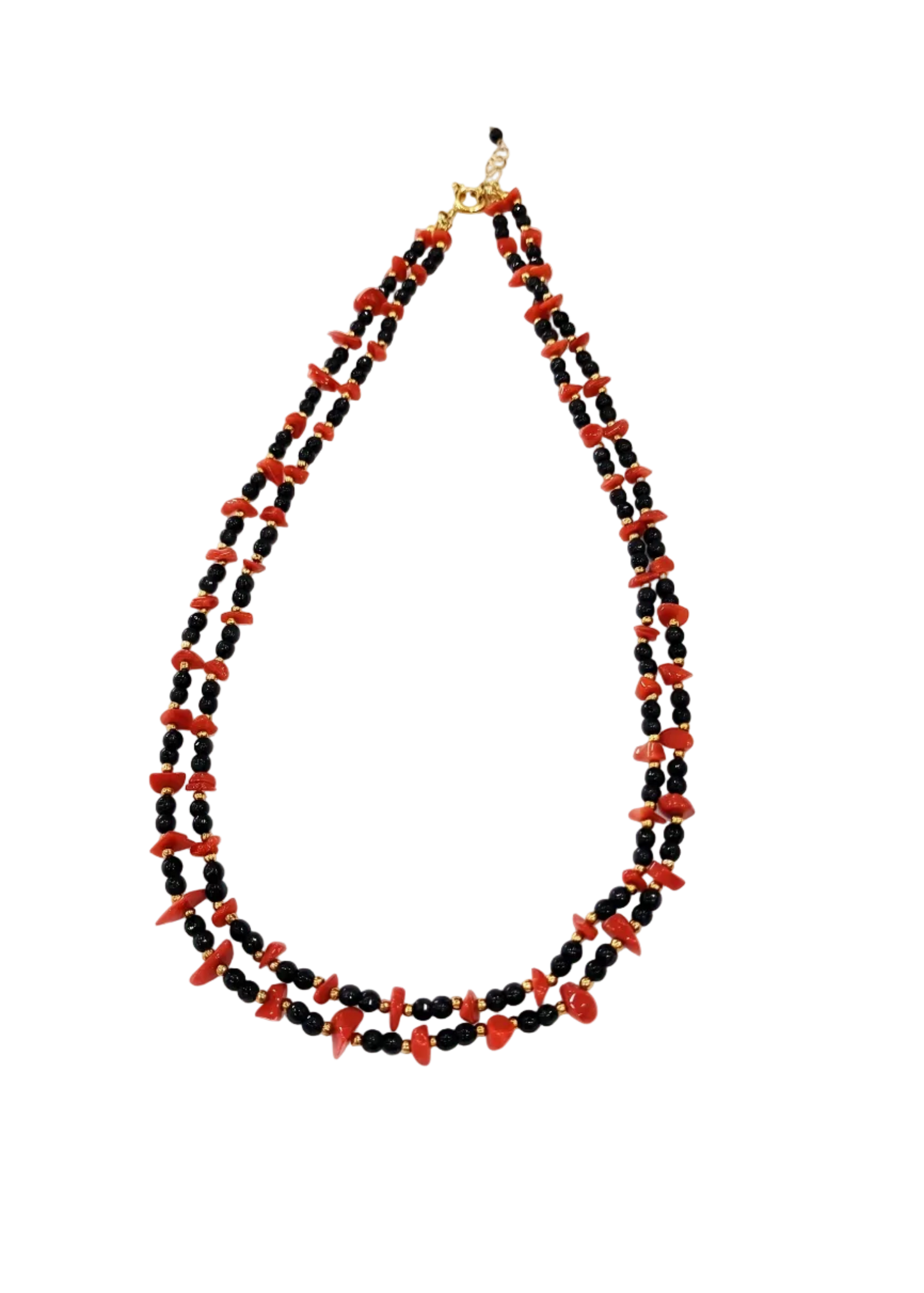 Collana a 2 Fili in Corallo Mediterraneo Spezzato e Onice – Argento 925 Dorato (60 cm)