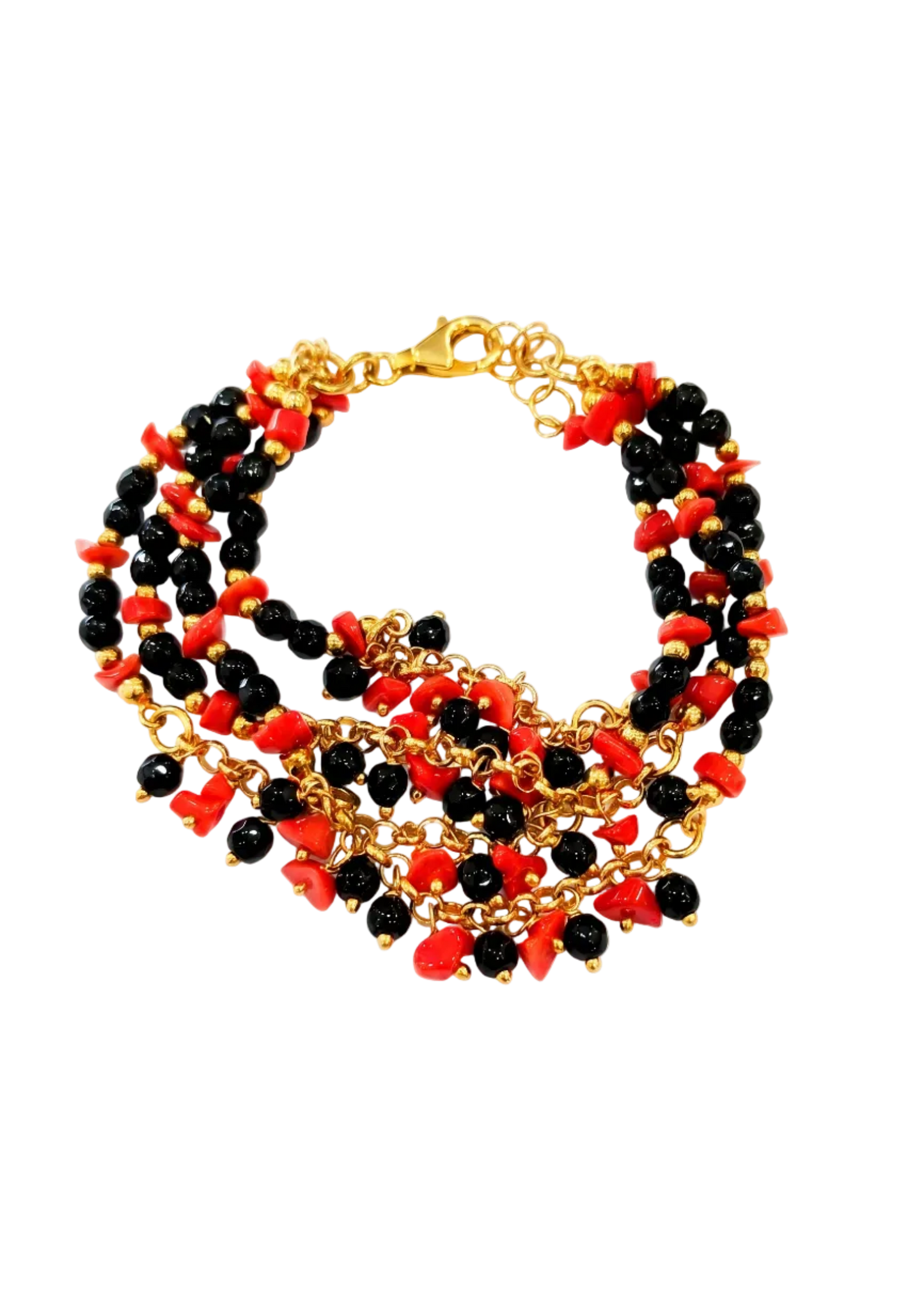 Bracciale a 4 Fili in Corallo Mediterraneo Spezzato e Onice – Argento 925 Dorato