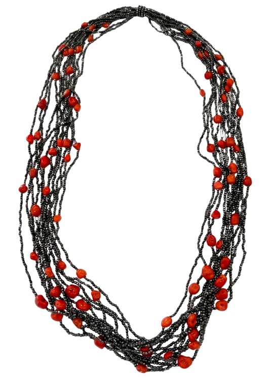 Collana Multifilo in Corallo Mediterraneo ed Ematite