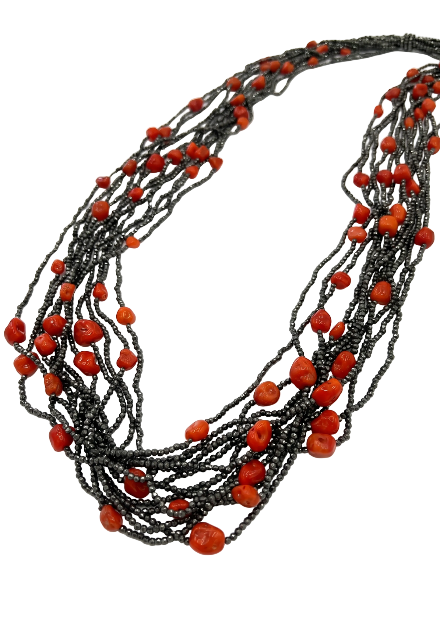 Collana Multifilo in Corallo Mediterraneo ed Ematite