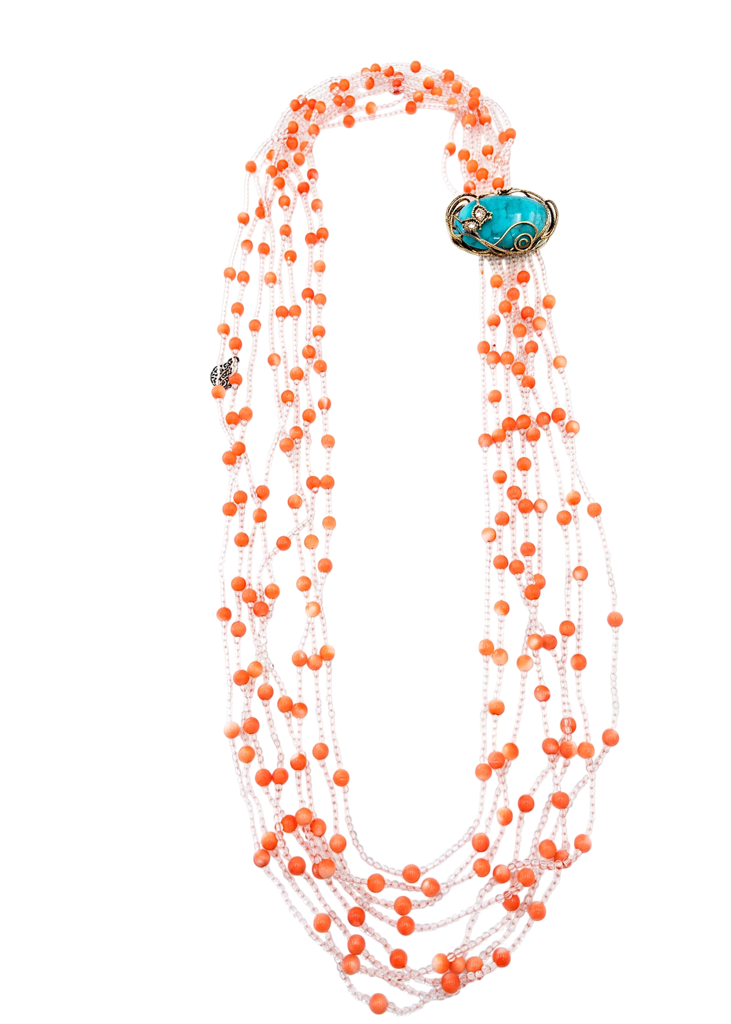 Collana Multifili Cristalli , Corallo Rosa e magnesite montata in argento925