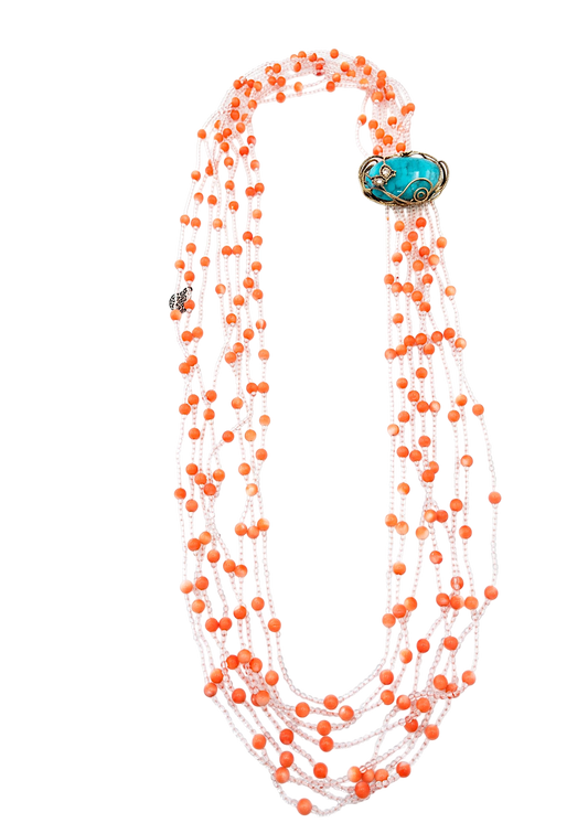 Collana Multifili Cristalli , Corallo Rosa e magnesite montata in argento925