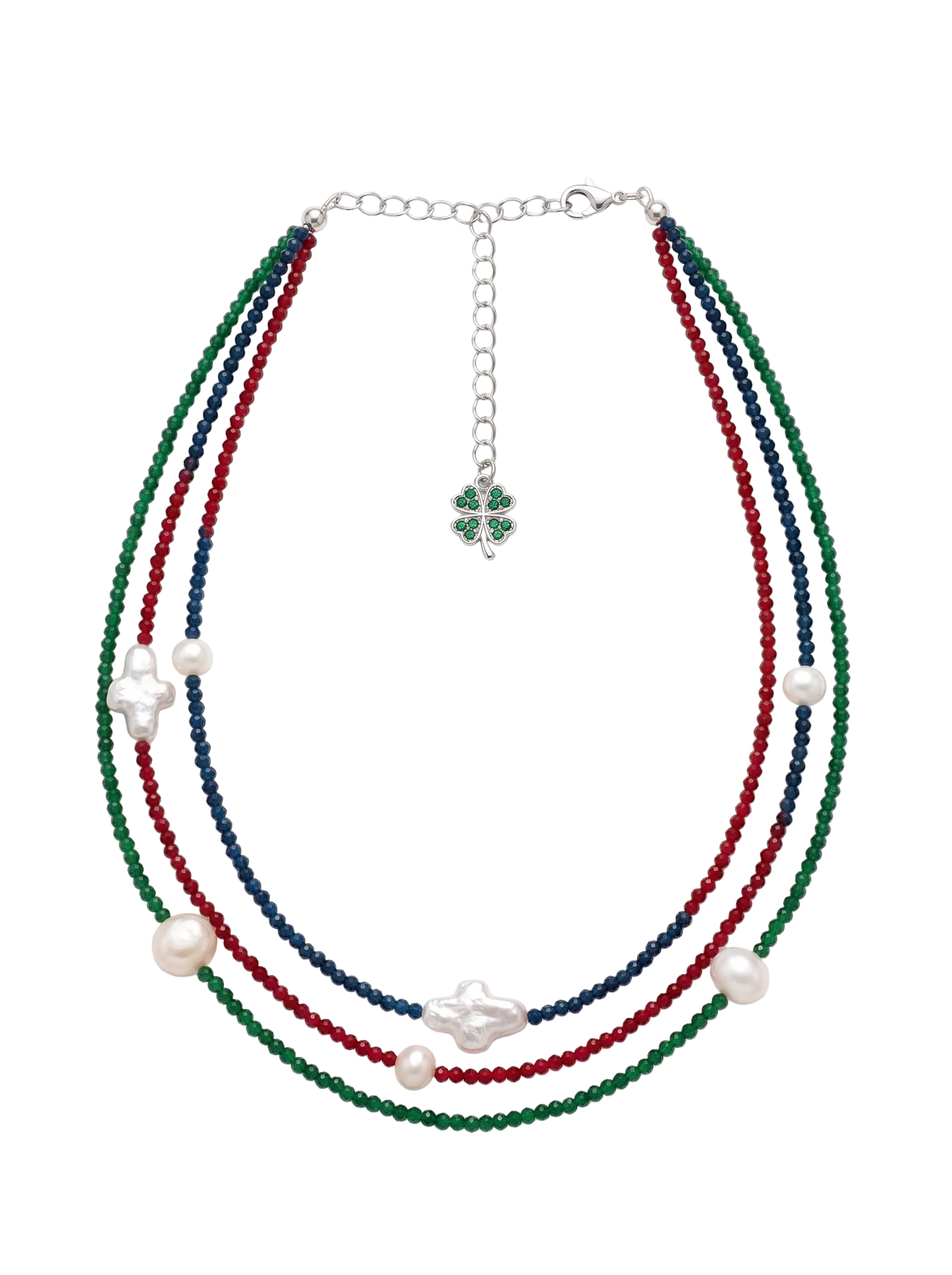 Collana Lucky Stone – Cristalli Smeraldo, Zaffiro e Rubino, Perle d’Acqua Dolce e Argento 925