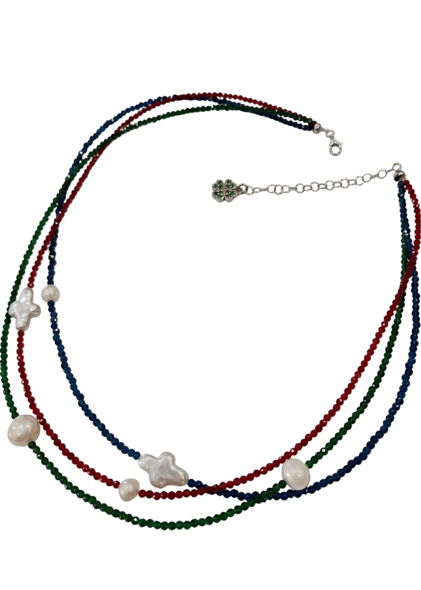 Collana Lucky Stone – Cristalli Smeraldo, Zaffiro e Rubino, Perle d’Acqua Dolce e Argento 925