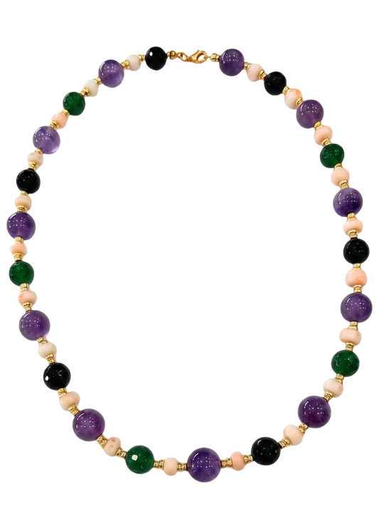 Collana Girocollo in Corallo Rosa Naturale Giappone e Pietre Dure – Argento 925 Dorato (50 cm)