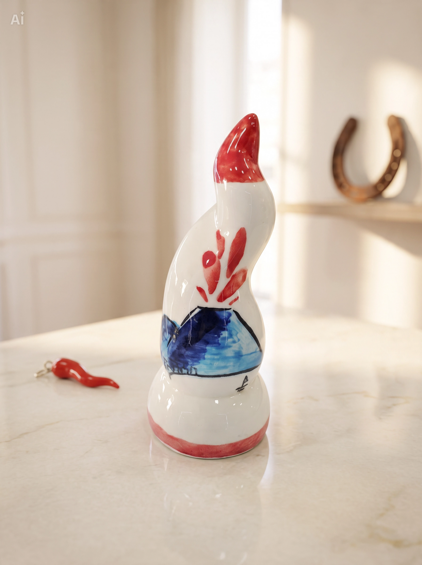 Corno in ceramica bianca disegnato a mano – Vesuvio | h 13 cm