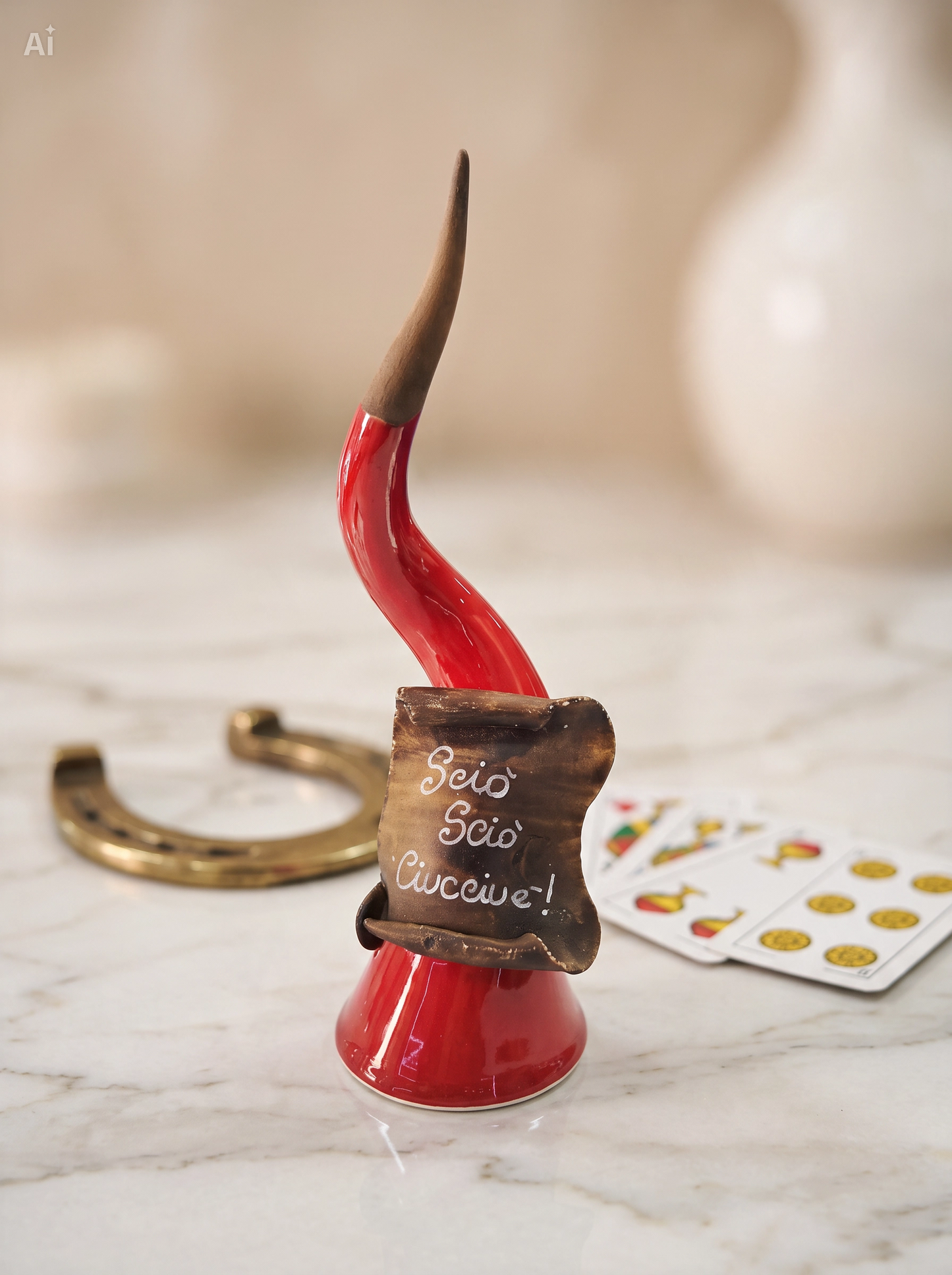 Corno in Ceramica Rosso con Pergamena – “Sciò Sciò Ciucciùè”