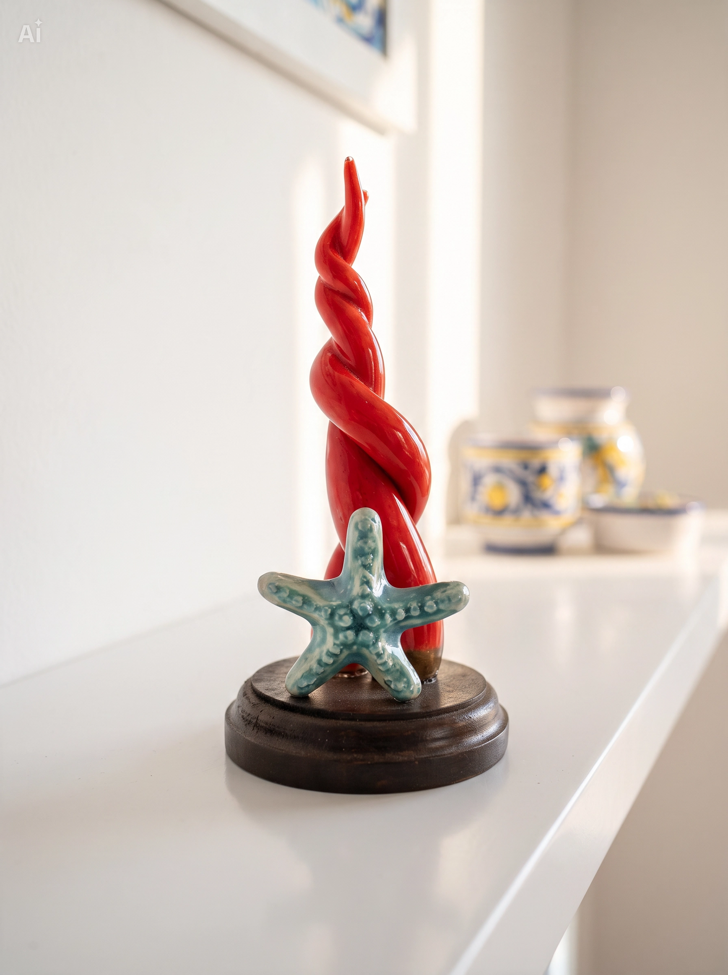 Corno Intrecciato in Ceramica con Stella Marina Azzurra – 15 cm