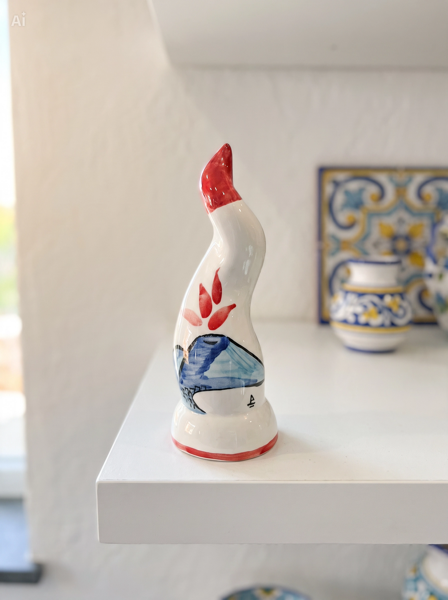 Corno in ceramica bianca disegnato a mano – Vesuvio | h 20 cm