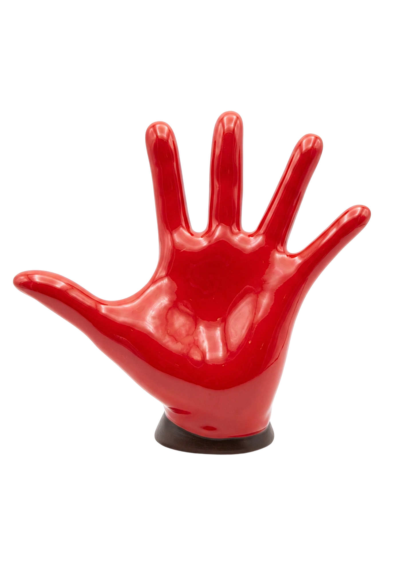 Statuina Mano Aperta h16 – Ceramica Smaltata Rossa con Base Marrone Satinata