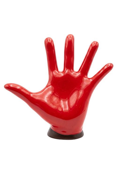 Statuina Mano Aperta h16 – Ceramica Smaltata Rossa con Base Marrone Satinata