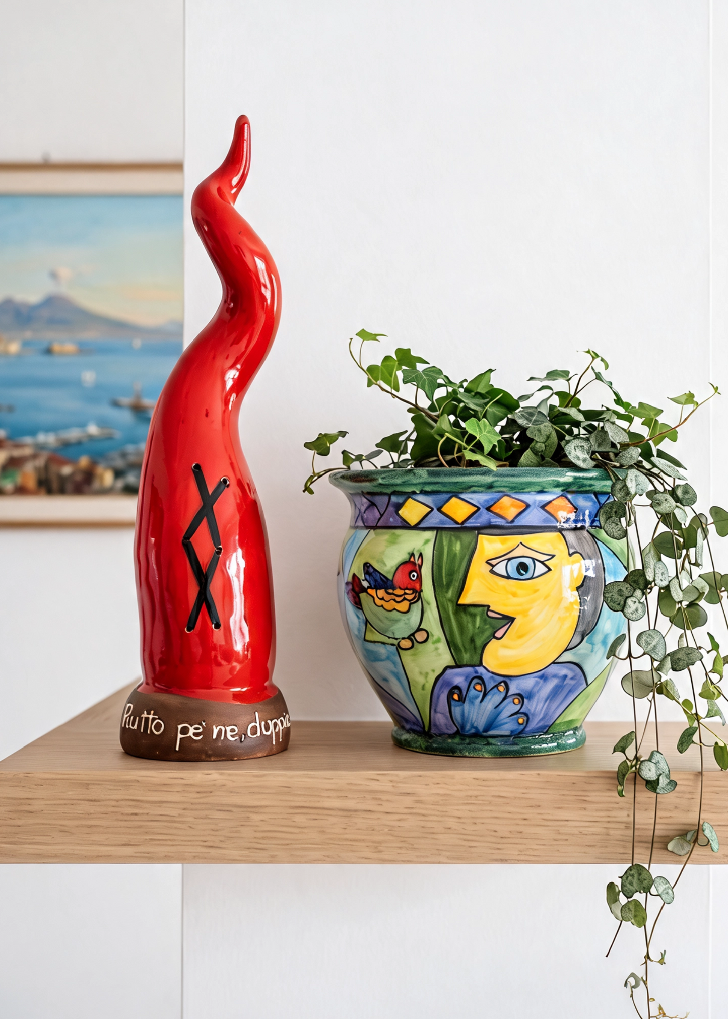 Corno Scaramantico in Ceramica Rossa – con base satinata e scritta scaramantica | 38 cm