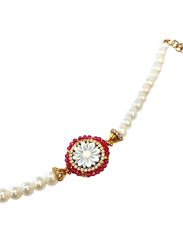 Bracciale in Argento 925 Dorato con Cameo, Zirconi, Rubini e Perle di Acqua Dolce