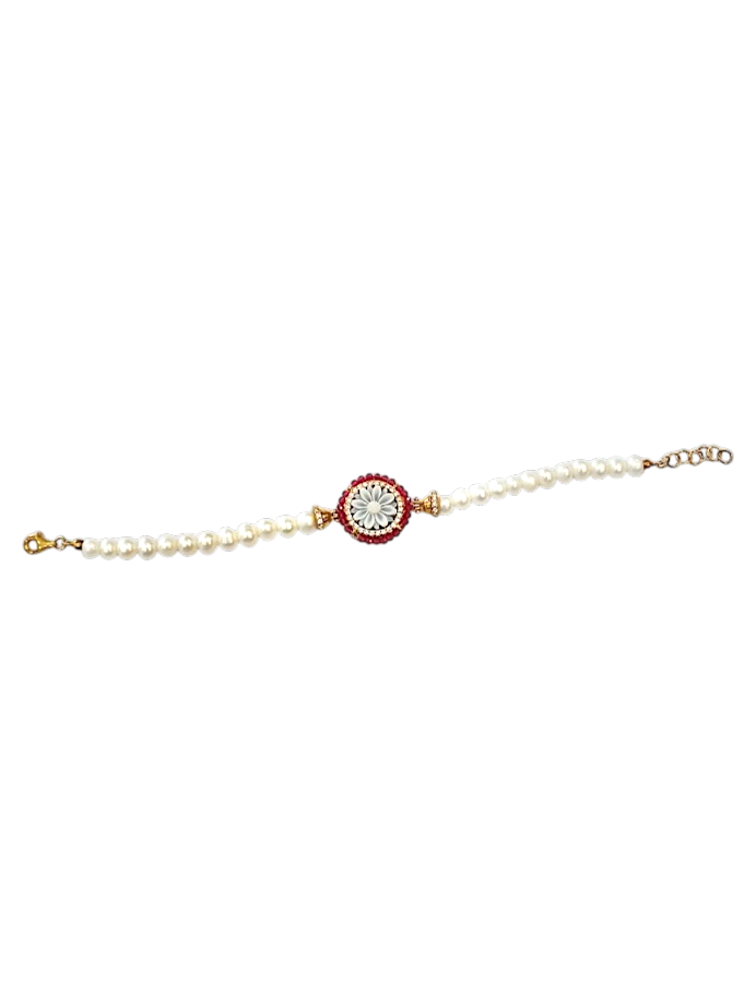Bracciale in Argento 925 Dorato con Cameo, Zirconi, Rubini e Perle di Acqua Dolce
