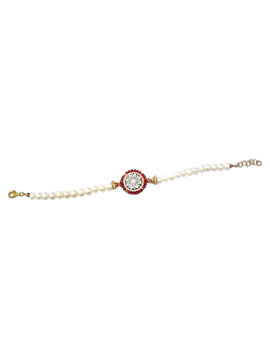 Bracciale in Argento 925 Dorato con Cameo, Zirconi, Rubini e Perle di Acqua Dolce