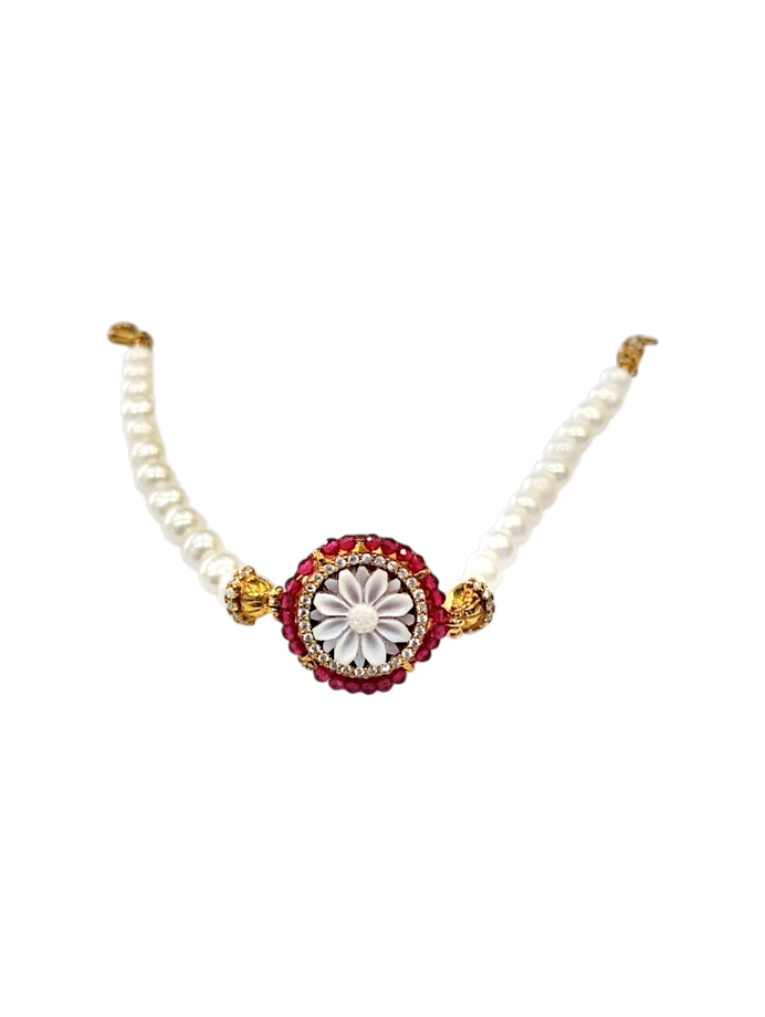 Bracciale in Argento 925 Dorato con Cameo, Zirconi, Rubini e Perle di Acqua Dolce