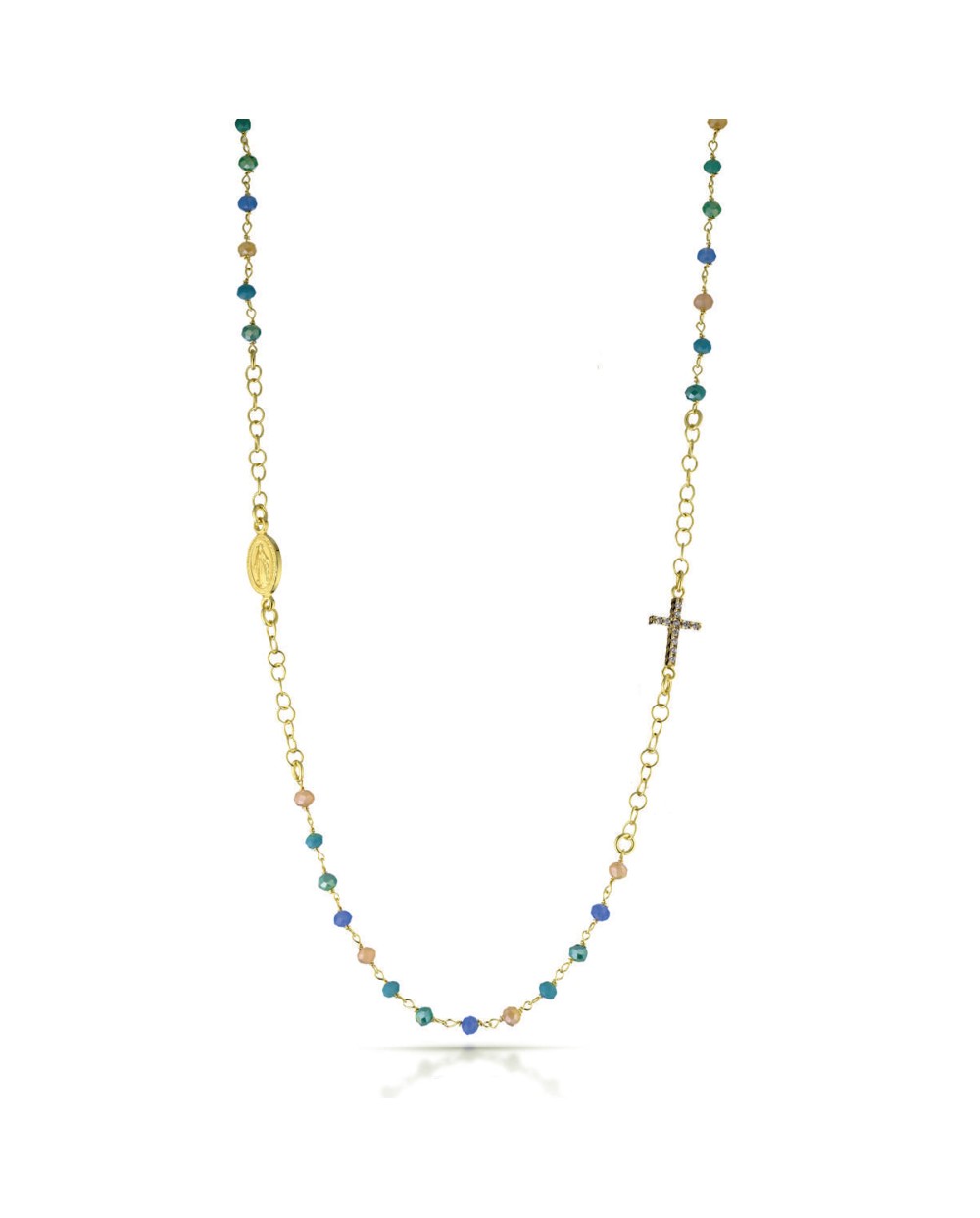 Ananda collana rosario in argento dorato con pietre colorate e croce di zirconi bianchi
