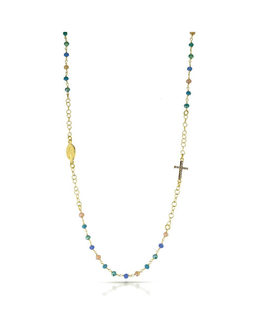 Ananda collana rosario in argento dorato con pietre colorate e croce di zirconi bianchi