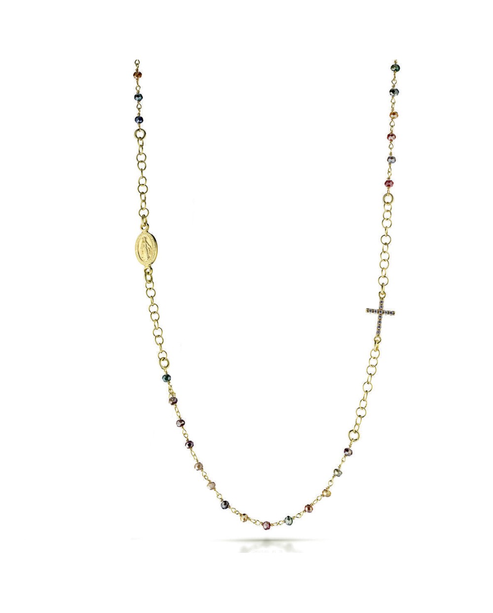 Ananda collana rosario in argento dorato con pietre colorate e croce di zirconi bianchi